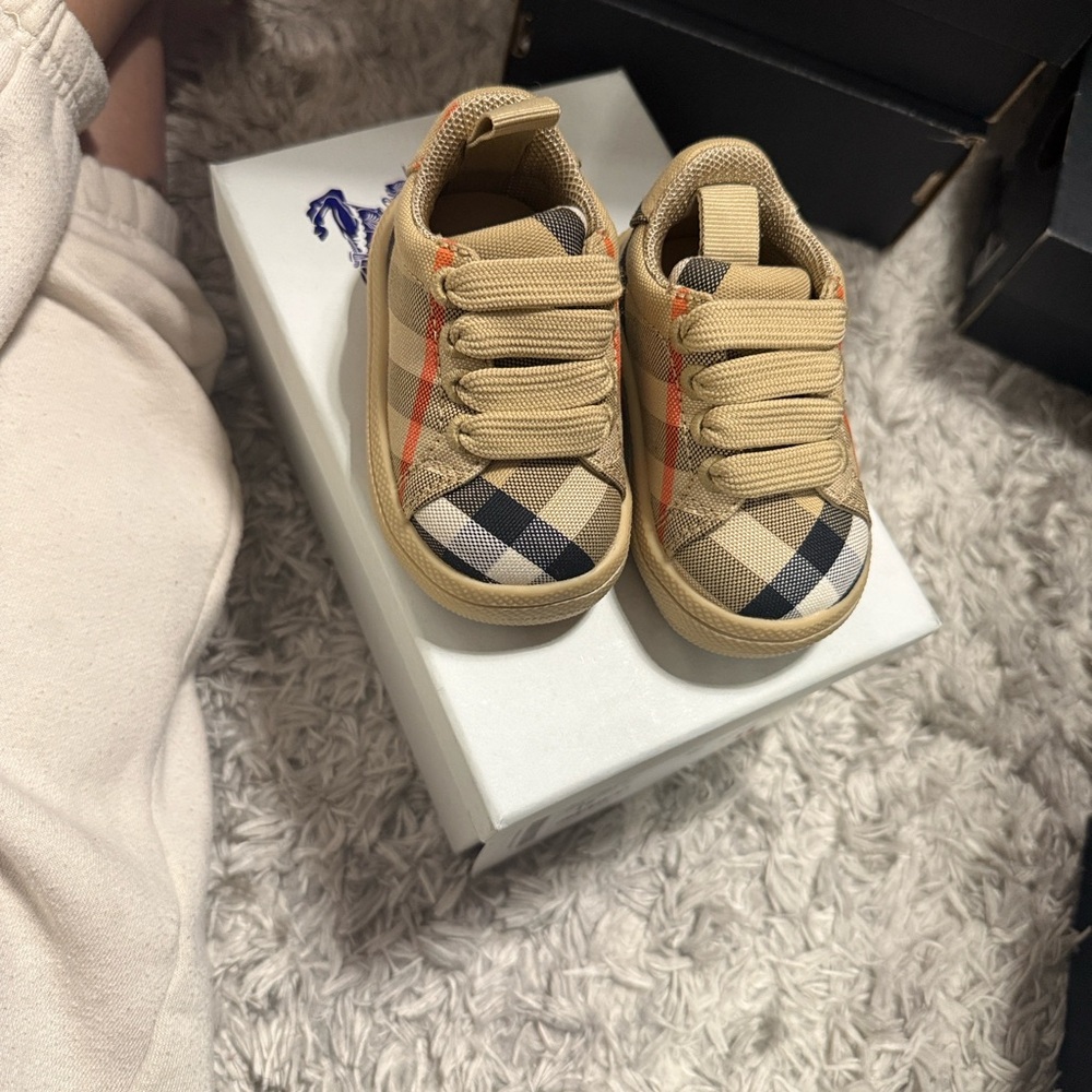 Burberry Beige Nova Check Toddler Sneakers with Orange Accent